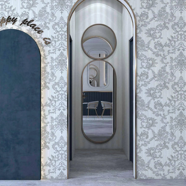 Victorian Damask Striped Wallpaper, Silver, White Rich Textured Embossed Wall Paper, Extra Wide 114 sq ft Roll, Wall Covering, Washable - Adawall Wallpaper - Registered Trade Accounts Only, Wallpaper Wholesale Account - 1305-2 - Adawall Wholesale - Wallpaper Wholesaler