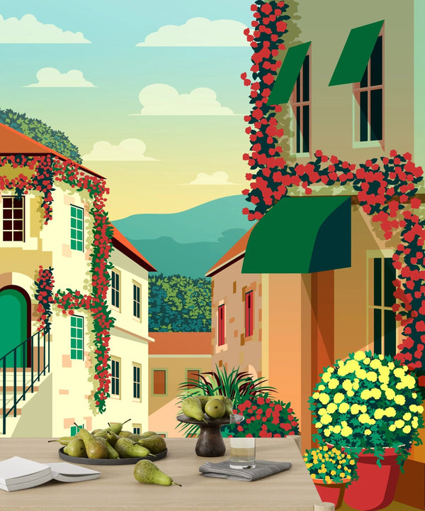 Village Square Wallpaper, Traditional Houses Mural, Oversized Custom Size Wall Art, Non - Woven, Non - Adhesive, Modern Wall Paper, Removable - Adawall Wallpaper - Registered Trade Accounts Only, Wallpaper Wholesale Account - W77771 - Adawall Wholesale - Wallpaper Wholesaler