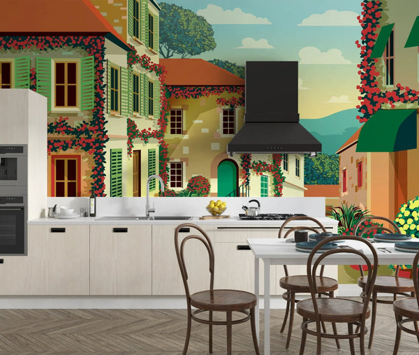 Village Square Wallpaper, Traditional Houses Mural, Oversized Custom Size Wall Art, Non - Woven, Non - Adhesive, Modern Wall Paper, Removable - Adawall Wallpaper - Registered Trade Accounts Only, Wallpaper Wholesale Account - W77771 - Adawall Wholesale - Wallpaper Wholesaler