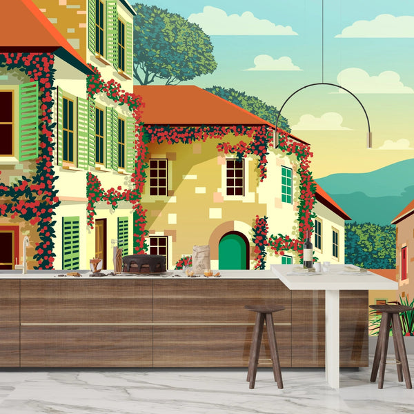 Village Square Wallpaper, Traditional Houses Mural, Oversized Custom Size Wall Art, Non - Woven, Non - Adhesive, Modern Wall Paper, Removable - Adawall Wallpaper - Registered Trade Accounts Only, Wallpaper Wholesale Account - W77771 - Adawall Wholesale - Wallpaper Wholesaler