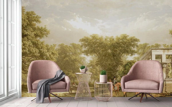Vintage Scenic Victorian Wall Mural, Large Light Green Nature Wallpaper, Non - Woven, Non - Adhesive, Modern, Washable, Removable - Adawall Wallpaper - Registered Trade Accounts Only, Wallpaper Wholesale Account - FJ314-1 - Adawall Wholesale - Wallpaper Wholesaler