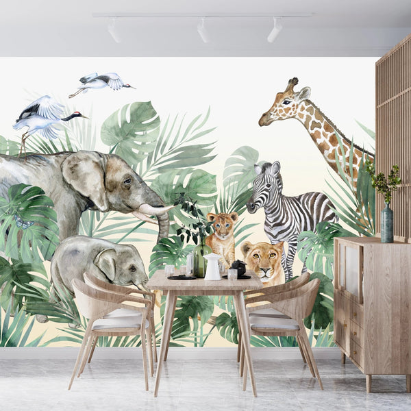 Watercolor Safari Wallpaper, Animals Mural, Oversized Custom Size Wall Art, Non - Woven, Non - Adhesive, Modern Wall Paper, Removable - Adawall Wallpaper - Registered Trade Accounts Only, Wallpaper Wholesale Account - W78091 - Adawall Wholesale - Wallpaper Wholesaler