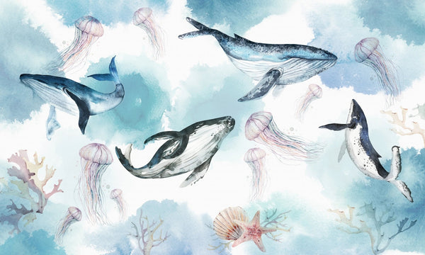 Watercolor Whales Wallpaper, Sea Life Mural, Oversized Custom Size Wall Art, Non - Woven, Non - Adhesive, Modern Wall Paper, Removable - Adawall Wallpaper - Registered Trade Accounts Only, Wallpaper Wholesale Account - W78094 - Adawall Wholesale - Wallpaper Wholesaler