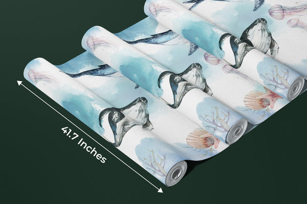 Watercolor Whales Wallpaper, Sea Life Mural, Oversized Custom Size Wall Art, Non - Woven, Non - Adhesive, Modern Wall Paper, Removable - Adawall Wallpaper - Registered Trade Accounts Only, Wallpaper Wholesale Account - W78094 - Adawall Wholesale - Wallpaper Wholesaler