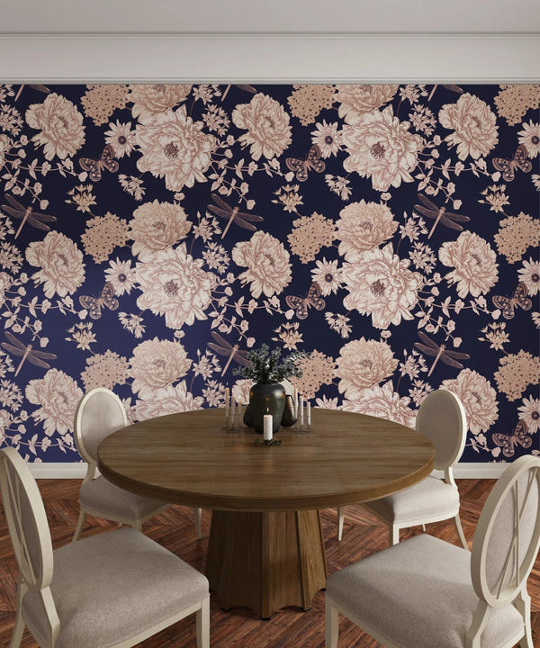 White and Gold Blooming Flowers Wallpaper, Dark Seamless Pattern Mural, Oversized Custom Size Wall Art, Non - Woven, Non - Adhesive, Modern Wall Paper, Removable - Adawall Wallpaper - Registered Trade Accounts Only, Wallpaper Wholesale Account - W77518 - Adawall Wholesale - Wallpaper Wholesaler