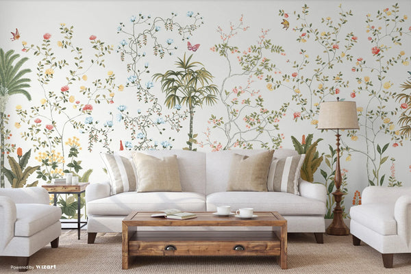 White Botanical Wall Mural, Butterfly Flowers Chinoiserie Wallpaper, Nature Theme Custom Size Wall Covering, Non-Woven, Non-Pasted, Removable, Washable - Walloro High End Wallcoverings & More