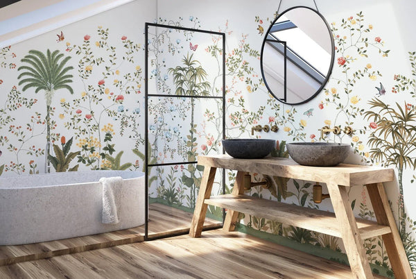 White Botanical Wall Mural, Butterfly Flowers Chinoiserie Wallpaper, Nature Theme Custom Size Wall Covering, Non - Woven, Non - Pasted, Removable, Washable - Adawall Wallpaper - Registered Trade Accounts Only, Wallpaper Wholesale Account - FJ305-1 - Adawall Wholesale - Wallpaper Wholesaler