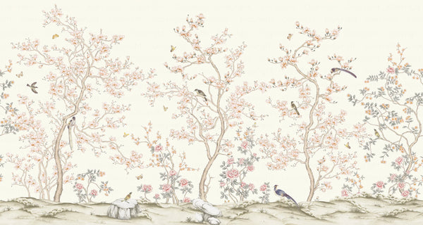 White Chinoiserie Floral Wall Mural, Birds Tree Flowers Wallpaper, Custom Size Wall Covering, Non-Woven, Non-Adhesive, Removable, Washable - Walloro High End Wallcoverings & More