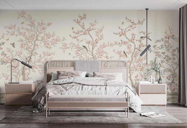 White Chinoiserie Floral Wall Mural, Birds Tree Flowers Wallpaper, Custom Size Wall Covering, Non - Woven, Non - Adhesive, Removable, Washable - Adawall Wallpaper - Registered Trade Accounts Only, Wallpaper Wholesale Account - FJ304-1 - Adawall Wholesale - Wallpaper Wholesaler