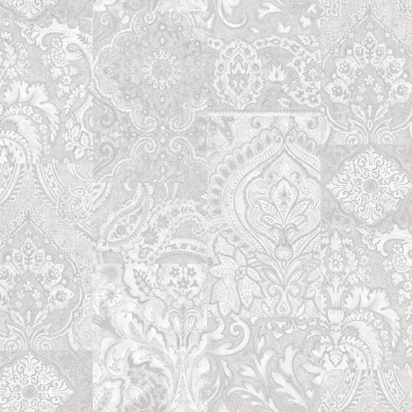 White Elegant Patchwork Deep Embossed Wallpaper, 3D Textured Luxury Damask Wallcovering - Walloro High End Wallcoverings & More
