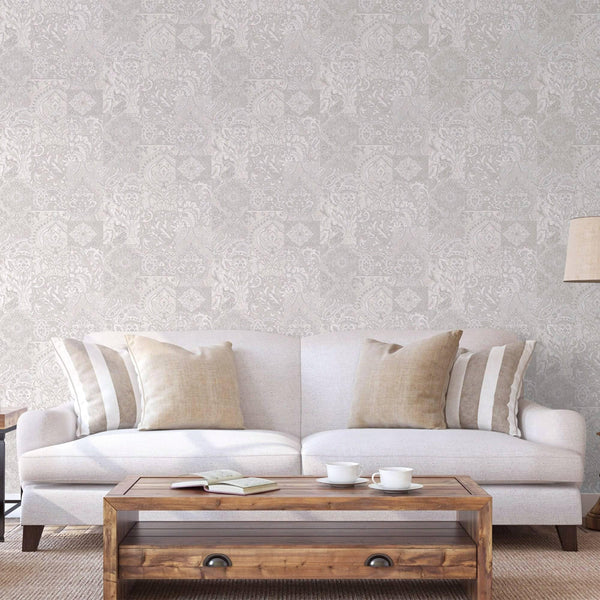 White Elegant Patchwork Deep Embossed Wallpaper, 3D Textured Luxury Damask Wallcovering - Walloro High End Wallcoverings & More