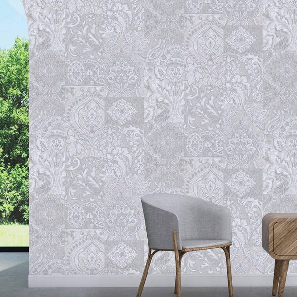 White Elegant Patchwork Deep Embossed Wallpaper, 3D Textured Luxury Damask Wallcovering - Walloro High End Wallcoverings & More