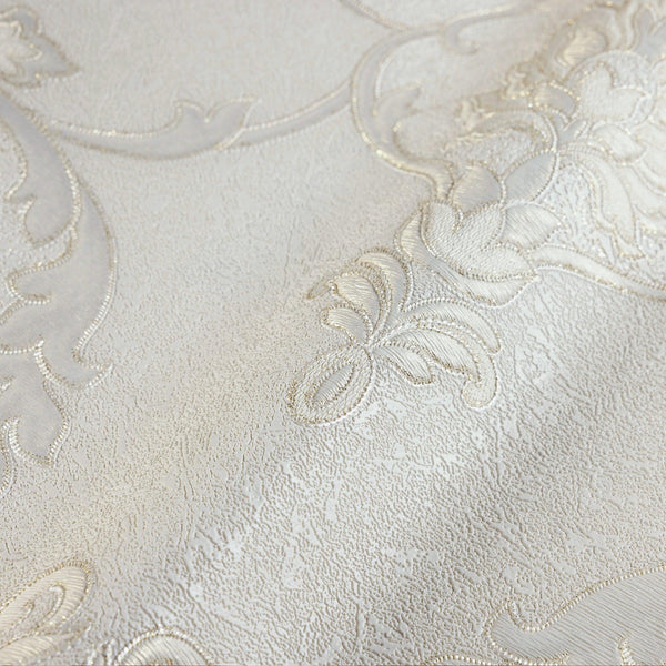 white Italian Damask Embossed Wallpaper, Sparkling Neutral Colors Luxury Wallcovering - Walloro High End Wallcoverings & More