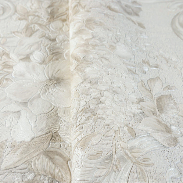 White Modern Flowered Embossed Wallpaper, Home Wall Decor, Aesthetic Wallpaper, Textured Wallcovering Non-Adhesive- 41.7”W X 393”H - Walloro High End Wallcoverings & More