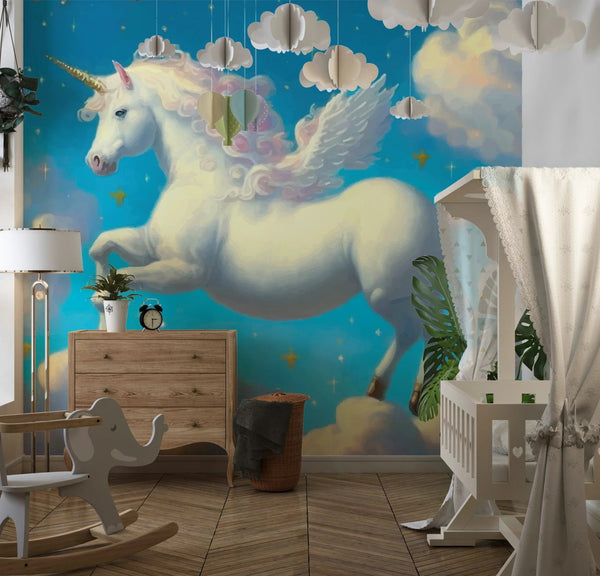 White Unicorn Wallpaper, Fluffy Clouds Mural, Oversized Custom Size Wall Art, Non - Woven, Non - Adhesive, Modern Wall Paper, Removable - Adawall Wallpaper - Registered Trade Accounts Only, Wallpaper Wholesale Account - W77829 - Adawall Wholesale - Wallpaper Wholesaler