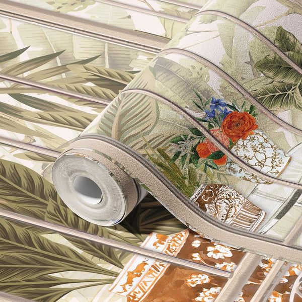 Windows Trees Wallpaper, Light Beige Nature Scenic View Wall Mural, Tropical, Custom Size Wall Art, Non - Woven, Non - Adhesive, Removable, Durable, Large - Adawall Wallpaper - Registered Trade Accounts Only, Wallpaper Wholesale Account - SE305-2 - Adawall Wholesale - Wallpaper Wholesaler