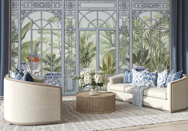 Windows Trees Wallpaper, Light Green Nature Scenic View Wall Mural, Tropical, Custom Size Wall Art, Non - Woven, Non - Adhesive, Removable, Durable, Large - Adawall Wallpaper - Registered Trade Accounts Only, Wallpaper Wholesale Account - SE305-1 - Adawall Wholesale - Wallpaper Wholesaler