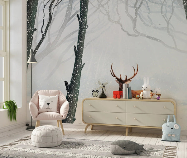 Winter Forest Wallpaper, Deer Mural, Oversized Custom Size Wall Art, Non - Woven, Non - Adhesive, Modern Wall Paper, Removable - Adawall Wallpaper - Registered Trade Accounts Only, Wallpaper Wholesale Account - W78162 - Adawall Wholesale - Wallpaper Wholesaler