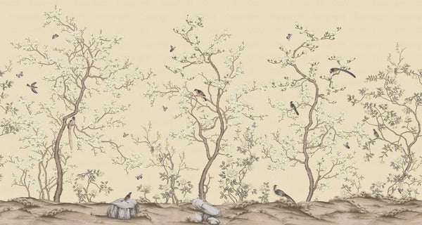 Yellow Chinoiserie Floral Wall Mural, Birds Tree Flowers Wallpaper, Custom Size Wall Covering, Non - Woven, Non - Adhesive, Removable, Washable - Adawall Wallpaper - Registered Trade Accounts Only, Wallpaper Wholesale Account - FJ304-2 - Adawall Wholesale - Wallpaper Wholesaler