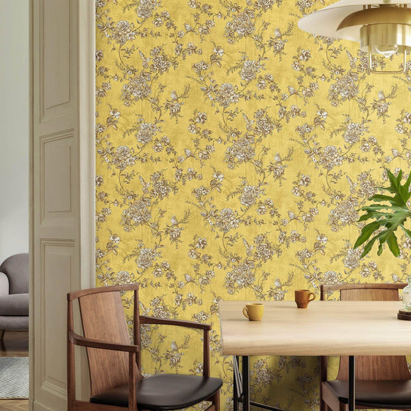 Yellow Elegant Chinoiserie Blossom Floral Wallpaper, Animal Print Birds Flowers Botanical Pattern - Adawall Wallpaper - Registered Trade Accounts Only, Wallpaper Wholesale Account - 9914-4 - Adawall Wholesale - Wallpaper Wholesaler