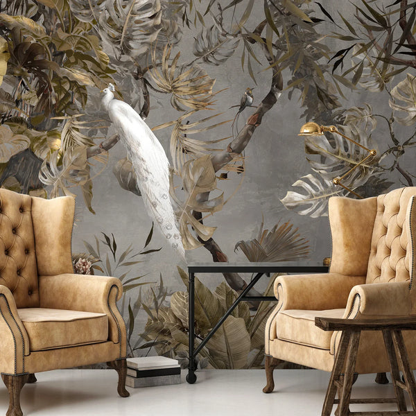 Yellow Elegant Chinoiserie Peacock Wall Mural Floral Leaves Wallpaper, Custom Wall Mural, Non-Adhesive, Washable, Extra Large, Removable, Home Decor Wall Art - Walloro High End Wallcoverings & More