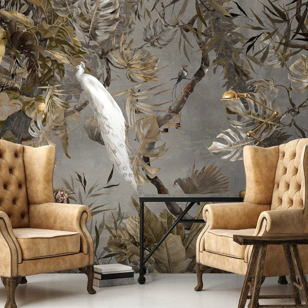 Yellow Elegant Chinoiserie Peacock Wall Mural Floral Leaves Wallpaper, Custom Wall Mural, Non - Adhesive, Washable, Extra Large, Removable, Home Decor Wall Art - Adawall Wallpaper - Registered Trade Accounts Only, Wallpaper Wholesale Account - A301-3 - Adawall Wholesale - Wallpaper Wholesaler