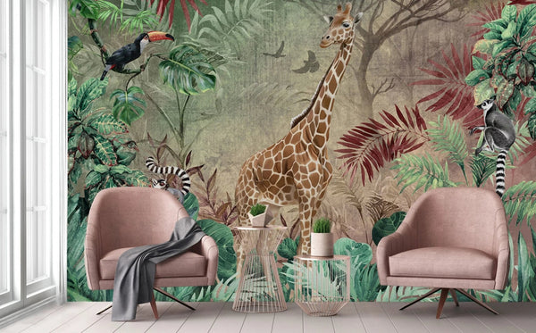 Yellow Tropical Forest Theme Wallpaper, Animals Wall Mural, Giraffe, Birds, Leaves, Jungle, Non - Pasted, Large Wall Art, Removable, Nature Theme - Adawall Wallpaper - Registered Trade Accounts Only, Wallpaper Wholesale Account - A312-2 - Adawall Wholesale - Wallpaper Wholesaler